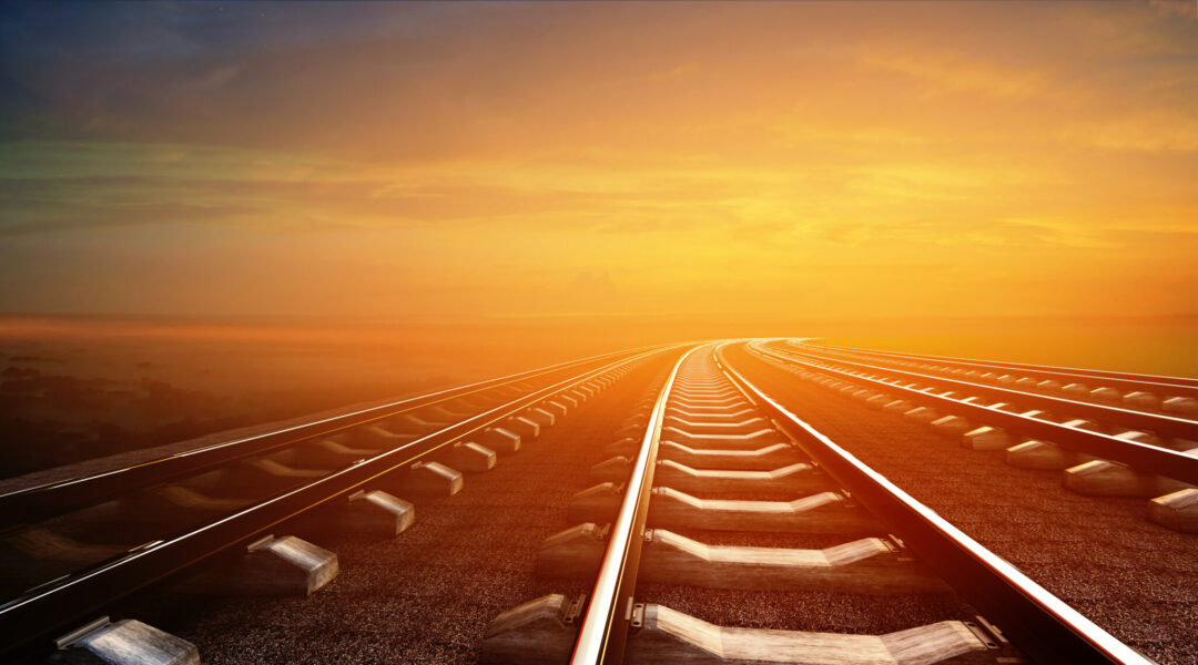 3d illustration of empty railways on sunset sky background