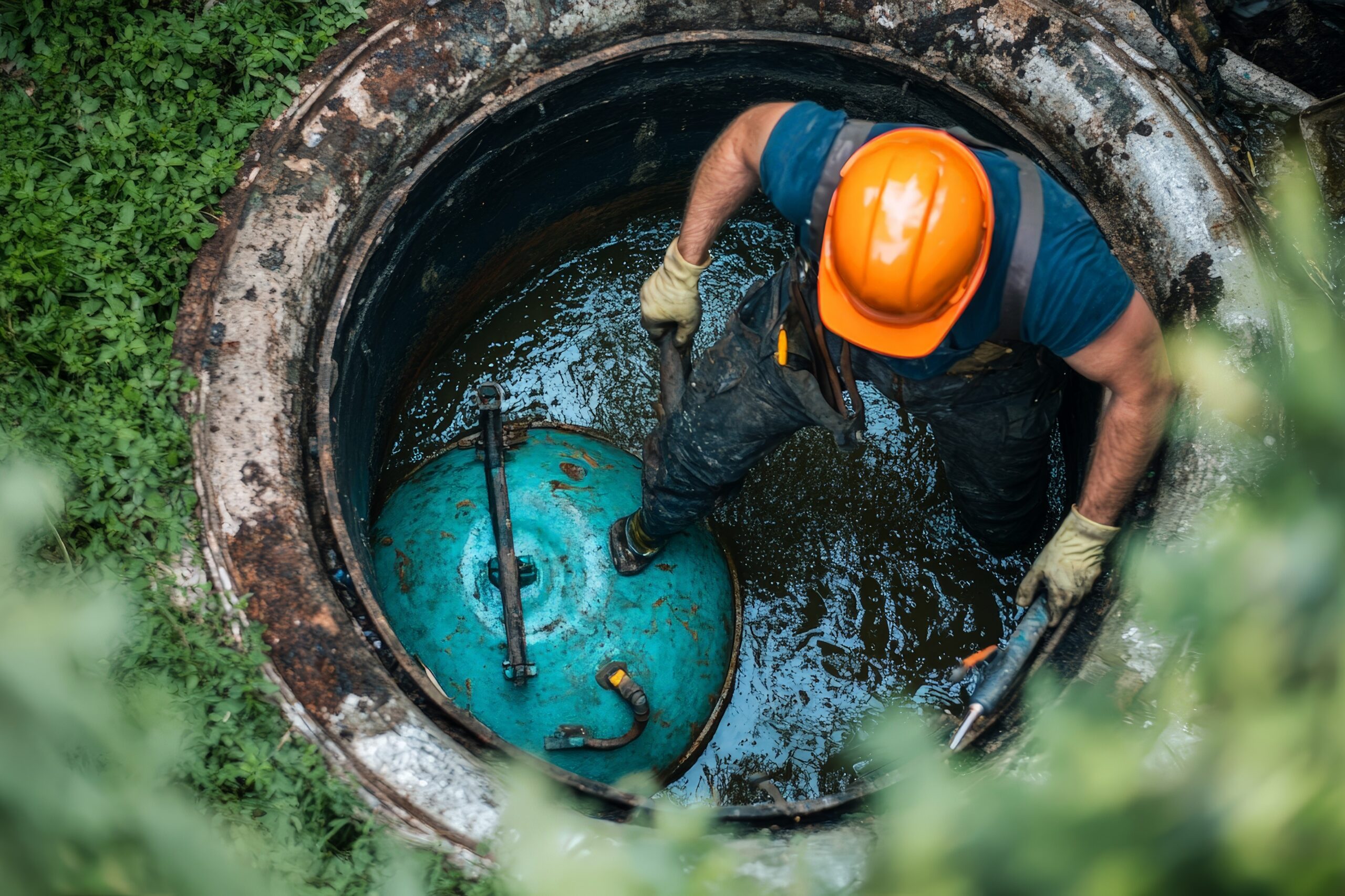 A professional waste disposal worker is seen cleaning a septic tank.